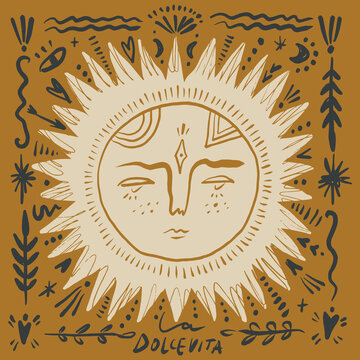 Doodle mystical celestial sun face illustration artisanal folk art summer vector