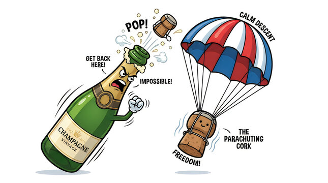 Champagne bottle and cork parachuting in cartoon style illustration