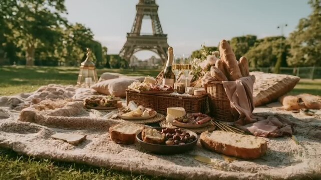 Paris, France, Europe. A romantic picnic scene set in a park with the Eiffel Tower in the background. The main subject is a picnic basket overflowing with bread, cheese, and meats.
