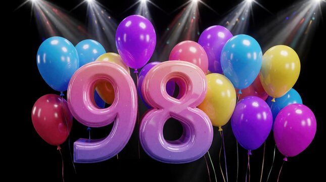 Number 98 made of shiny balloons floats amidst colorful inflated spheres. Stage lights shine on festive arrangement, perfect for jubilee or milestone event.