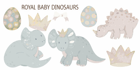 royal baby dinosaurs with crowns and eggs vector illustration dinosaur triceratops stegosaurus tyrannosaurus © Jugal