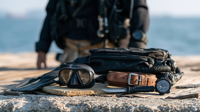 Commercial diver in full dry suit standing on a sun-bleached dock beside arranged equipment, still life arrangement of dive mask, slate, knife, and depth gauge laid on a rough wooden surface under h
