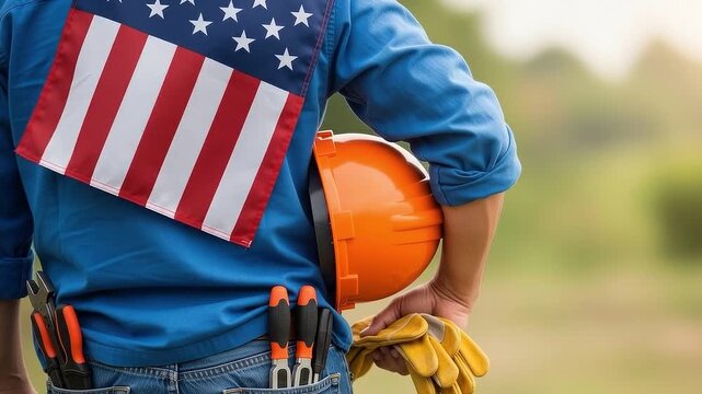 Construction worker with american flag and tools