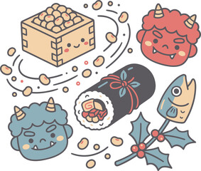 Fototapeta premium Japanese Setsubun festival vector icons, cute oni demon masks and ehomaki sushi roll, roasted soybeans in wooden box, holiday celebration elements