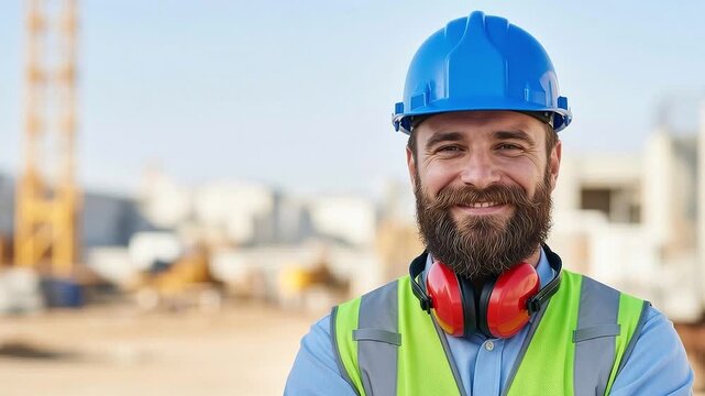 Construction worker with beard and hard hat