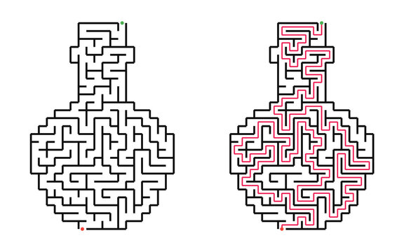 Halloween potion bottle maze with solution, medium difficulty puzzle for children, black and white labyrinth game with start and finish, educational printable activity