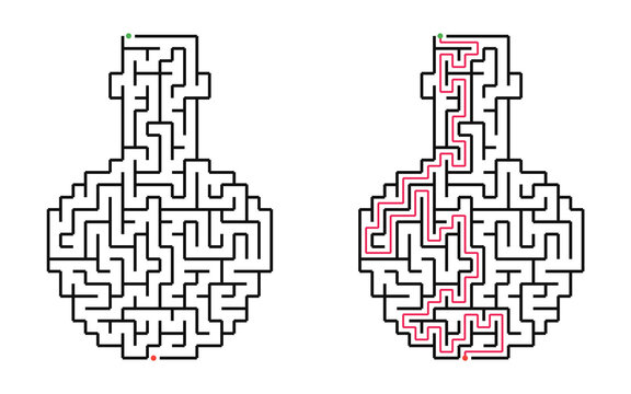 Halloween potion bottle maze with solution, easy difficulty puzzle for preschool and young children, black and white labyrinth game with start and finish, educational printable activity