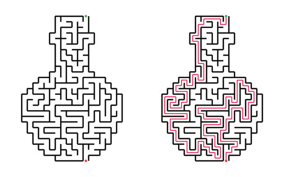Halloween potion bottle maze with solution, medium difficulty puzzle for kids, black and white labyrinth game with start and finish, educational printable halloween activity