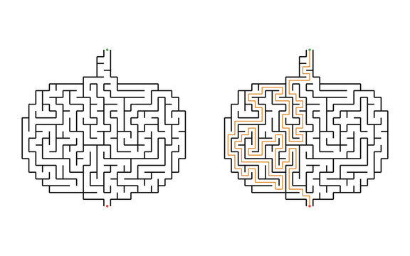 Halloween pumpkin maze printable for kids with solution page, fun educational puzzle for classroom activities, homeschooling, early learning and festive autumn entertainment