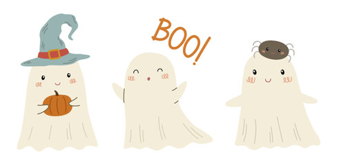 Fototapeta premium Halloween cards set vector illustration. Cute ghosts with pumpkin and witch hat greeting postcard collection. Childish silly doodle spooky posters isolated on white background.