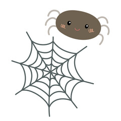 Naklejka premium Spider cobweb halloween vector illustration. Childish smiling spider with web in cute minimalist style. Modern silly doodle cartoon clipart for kids design, isolated on white background.
