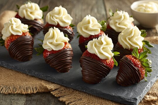 Decadent Hand-Dipped Chocolate Covered Strawberries with Swirled Cream Topping on a Rustic Platter
