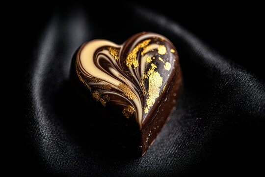 Decadent heart-shaped dark chocolate confection with rich swirls and intricate gold leaf detail