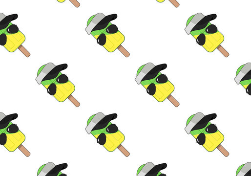 Seamless pattern of ice cream cones wearing sunglasses and a visor. Repeating background for children&rsquo;s textiles, packaging, and summer designs