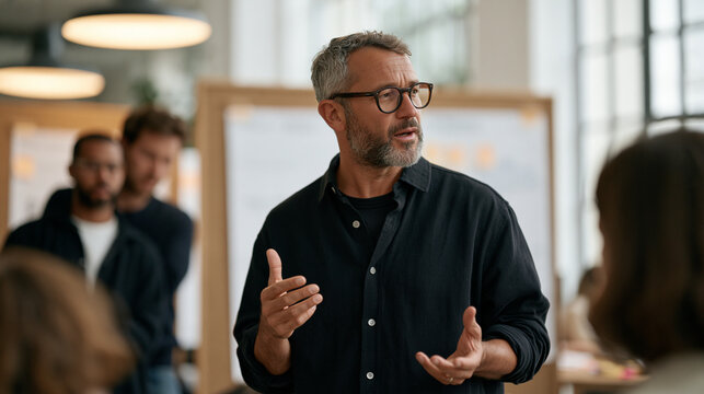 Design thinking facilitator leading a large workshop session in a warm open-plan creative office, dozens of participants gathered around sticky-note boards, collaborative energy filling the crowd sc