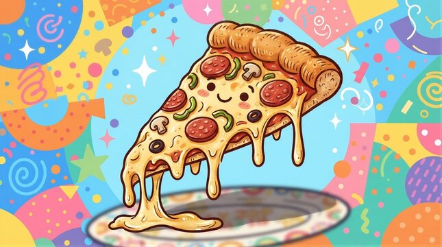 Slice of pepperoni pizza cartoon with colorful patterned background