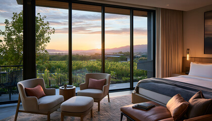 Fototapeta premium Modern bedroom offers vineyard views at sunset. Elegant interior features minimalist decor, plush seating, and a comfortable bed, ideal for relaxation and luxury stays.