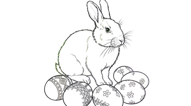 Coloring page Easter bunny sitting among decorated eggs for Easter holiday with gentle spring mood and rebirth symbolism