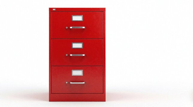 Bright red metal filing cabinet with three drawers, silver handles sits on clean white background. Sturdy storage unit offers office organization for documents, supplies, adding bold pop of color.