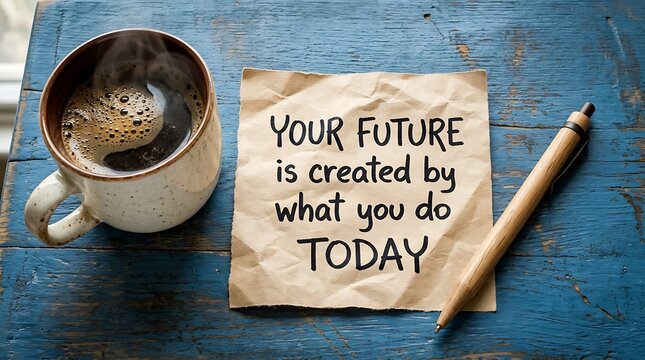 Motivational sign with coffee cup on blue surface
