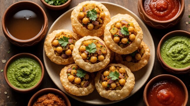 Gol gappa bowls on plate with chickpeas, potato. Indian street food snacks served with various spicy herbal chutneys plus sauces in small clay pots. Crispy fried bread filled with vegetarian