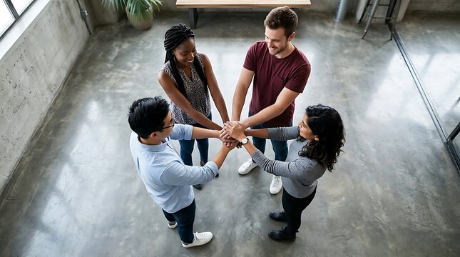 Group of people doing a team fist bump indoors