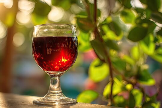 Elegant glass of rich red wine catching golden sunlight against a softly focused green natural backdrop