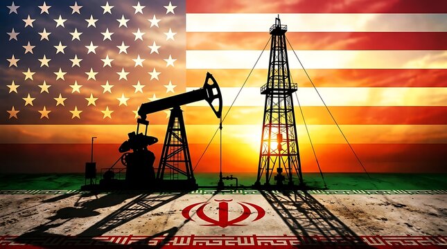 Oil pumpjack with american and iranian flags