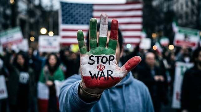 Person holding stop war peace sign at protest