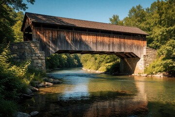 Fototapeta premium Old wooden covered bridge crosses clear river water in rich green forest. Classic timber structure sits on stone foundation during sunny summer day. Peaceful rural landscape view shows historic