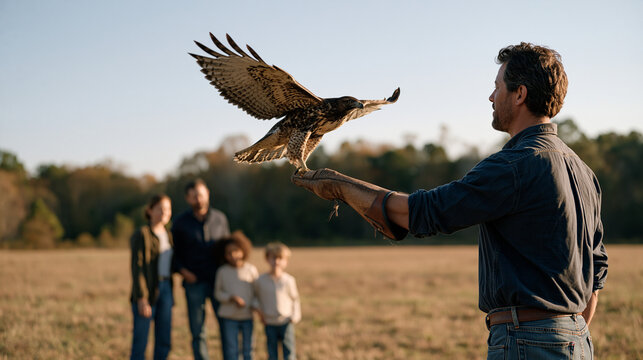 Falconer in traditional leather gauntlet releasing a trained bird of prey in an open autumn field, family unit watching from a respectful distance, the raptor caught mid-launch above the meadow with