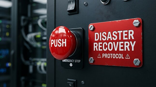 Red emergency push button with disaster recovery protocol sign