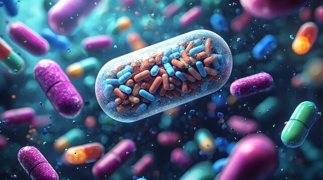 Science illustration of antibiotic capsule and pathogens photography