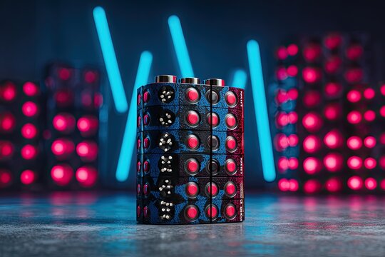 Futuristic Battery Prototype with Internal Glowing Elements Displayed in Neon Lighting