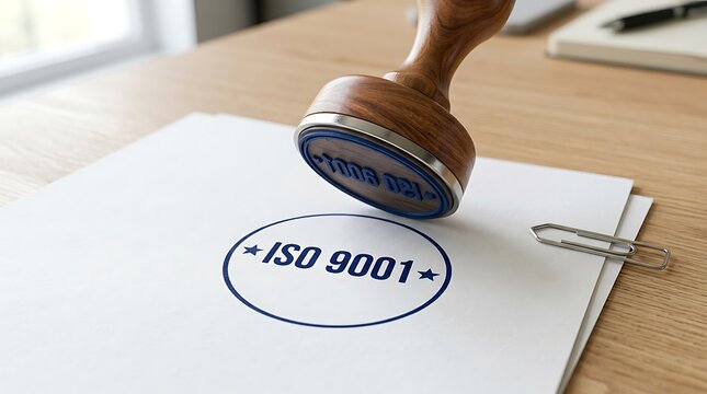Iso 9001 certification stamp being stamped on paper