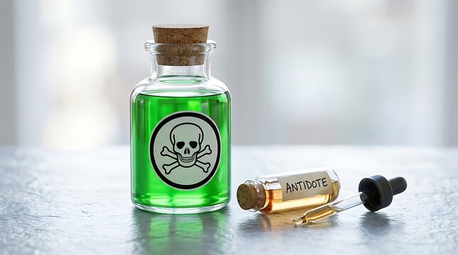 Green poison bottle with skull label and dropper