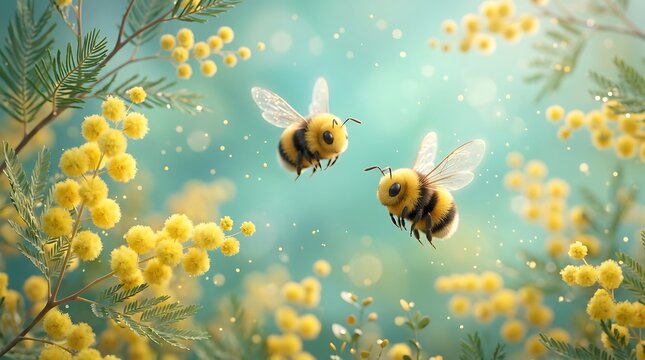 Two bumblebees flying among yellow flowers
