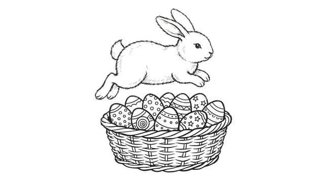 Coloring page of a jumping rabbit over a basket of Easter eggs &mdash; lively spring scene for kids