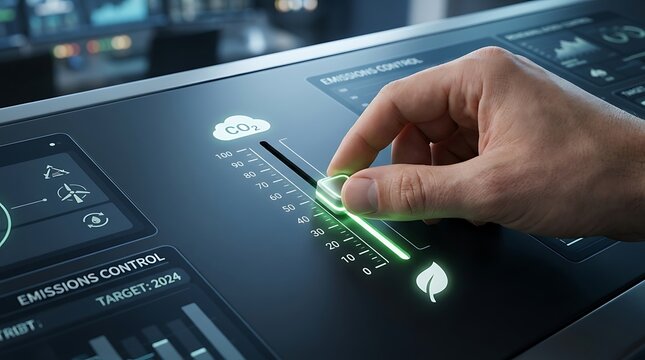 Hand interacting with futuristic emissions control interface