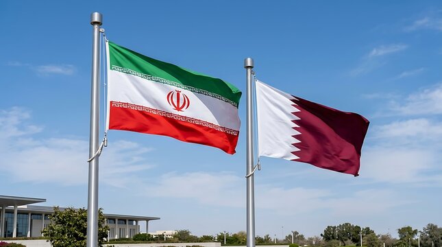 Iran and qatar flags waving together outdoors