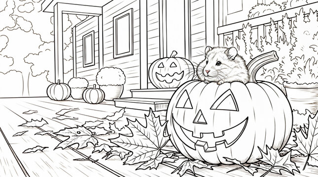 Coloring page of a hamster on a jack-o'-lantern by a porch with autumn leaves &mdash; cute Halloween scene for kids