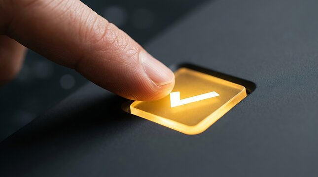 Finger pressing illuminated checkmark button