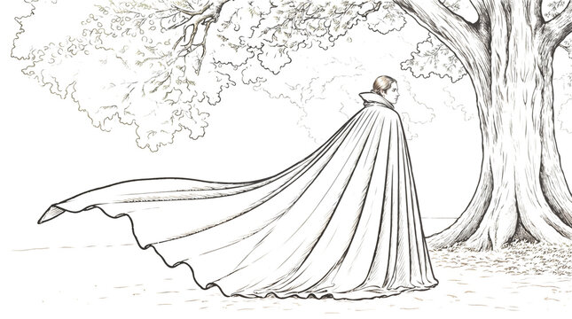 Coloring page of a figure in long flowing cloak beneath a tree &mdash; mystical spring scene with mystery and harmony