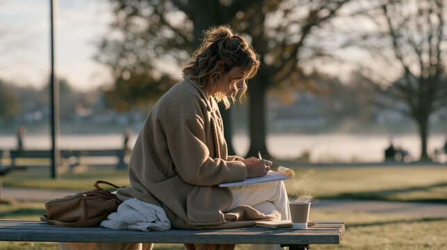 Ghostwriter alone in early morning mist sits on a park bench, legal pad open and steam rising from a cup beside her, solitary creative career concept, book writing process, collaborative authorship,