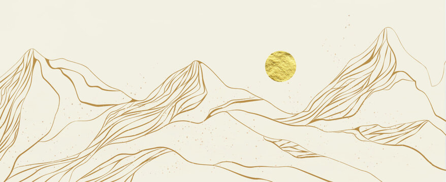 Luxury landscape art background with mountains, hills, and a sun in line art style. Vector nature banner for wallpaper, decor, prints, packaging, textiles, and covers.