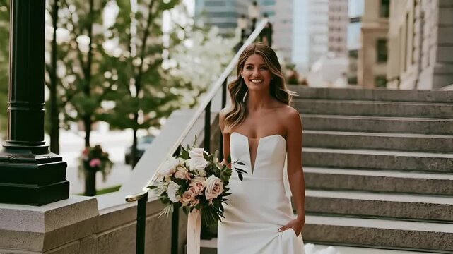 Paris, France, Europe. A portrait of a woman in a white strapless wedding gown, standing on a stone staircase. She holds a bouquet of pink and white flowers with green leaves. Her long.