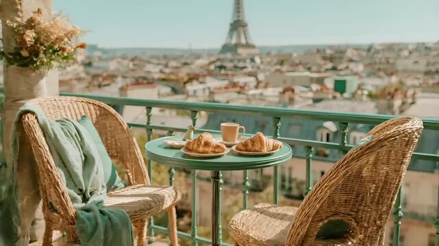 Paris, France, Europe. A vivid, sunlit balcony scene features a breathtaking view of the Eiffel Tower in Paris, France.