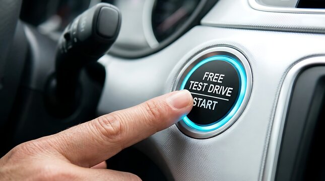 Hand pressing free test drive start button in car