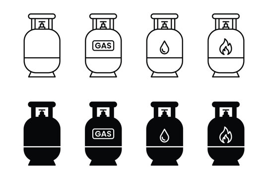 Gas cylinder icons set showing different styles with flame drop and text labels for energy and industrial use objects.