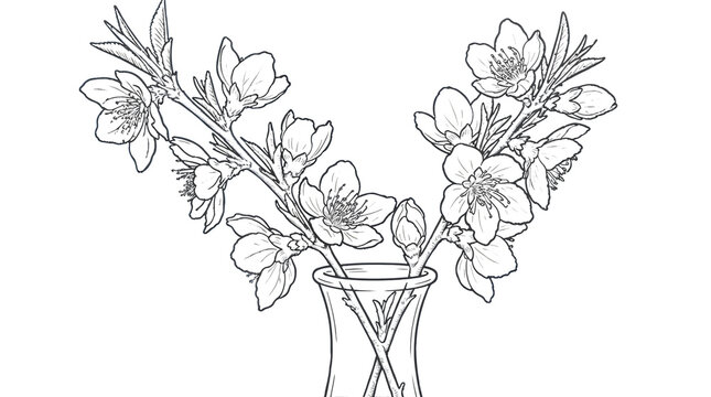 Coloring page of cherry blossom branches in a vase &mdash; delicate spring illustration for mindfulness and creativity